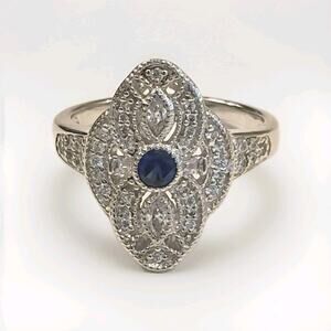 Sterling Silver 925 Art Deco Style Blue & Clear Stone Ring Size 7.5 Filigree New